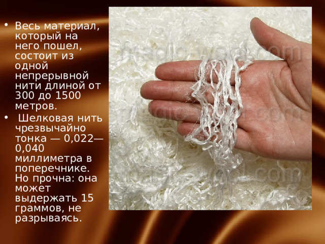 Весь материал, который на него пошел, состоит из одной непрерывной нити длиной от 300 до 1500 метров.  Шелковая нить чрезвычайно тонка — 0,022—0,040 миллиметра в поперечнике. Но прочна: она может выдержать 15 граммов, не разрываясь.   