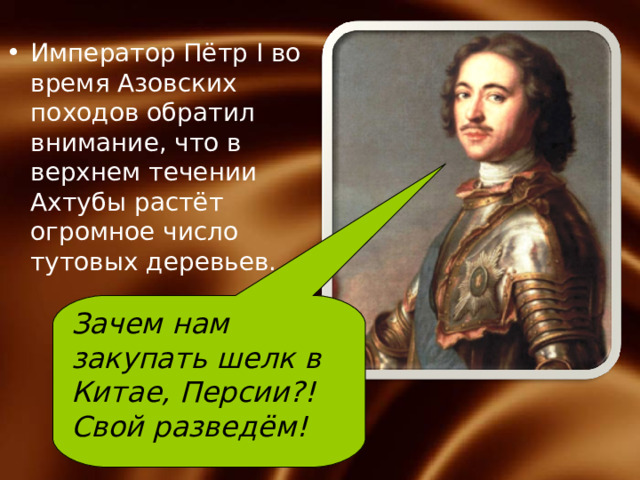 Император Пётр I во время Азовских походов обратил внимание, что в верхнем течении Ахтубы растёт огромное число тутовых деревьев. Зачем нам закупать шелк в Китае, Персии?! Свой разведём!  