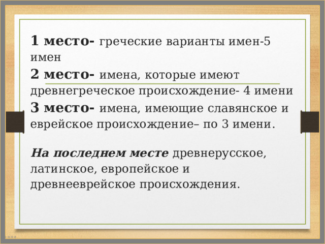 1 место- греческие варианты имен-5 имен  2 место- имена, которые имеют древнегреческое происхождение- 4 имени  3 место- имена, имеющие славянское и еврейское происхождение– по 3 имени.   На последнем месте древнерусское, латинское, европейское и древнееврейское происхождения .   