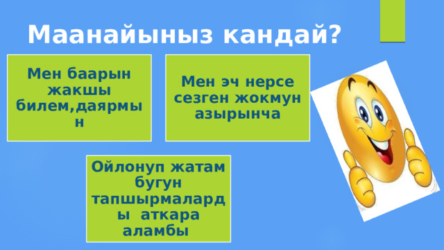 Маанайыныз кандай? Мен баарын жакшы билем,даярмын Мен эч нерсе сезген жокмун азырынча Ойлонуп жатам бугун тапшырмаларды аткара аламбы 