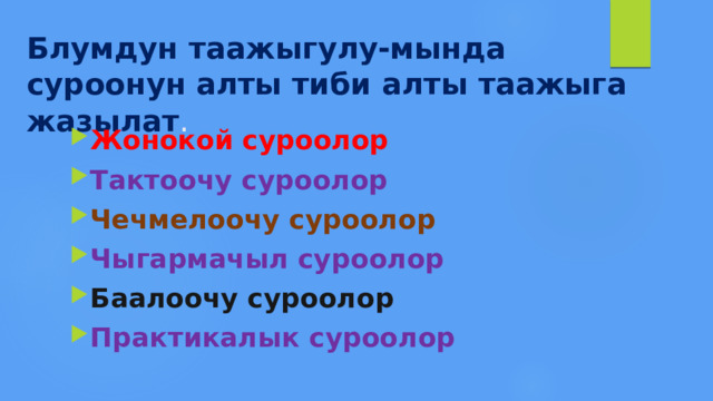 Блумдун таажыгулу-мында суроонун алты тиби алты таажыга жазылат . Жонокой суроолор Тактоочу суроолор Чечмелоочу суроолор Чыгармачыл суроолор Баалоочу суроолор Практикалык суроолор 