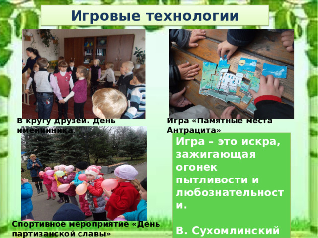Игровые технологии В кругу друзей. День именинника . Игра «Памятные места Антрацита» Игра – это искра, зажигающая огонек пытливости и любознательности.  В. Сухомлинский Спортивное мероприятие «День партизанской славы» 