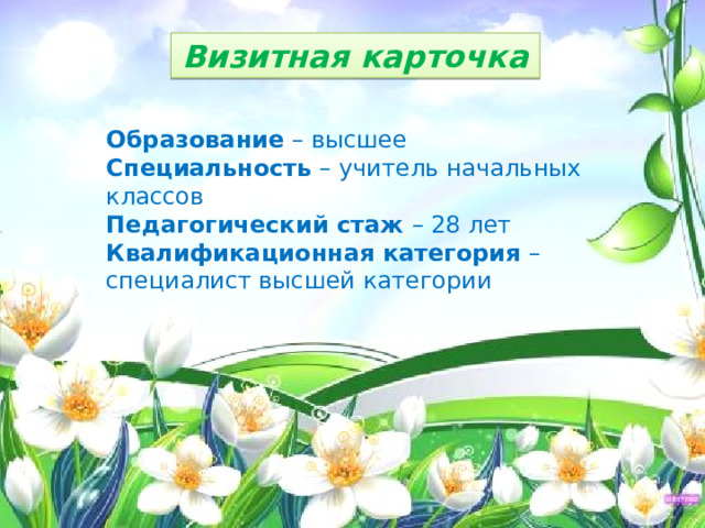 Визитная карточка Образование – высшее Специальность – учитель начальных классов Педагогический стаж – 28 лет Квалификационная категория – специалист высшей категории 