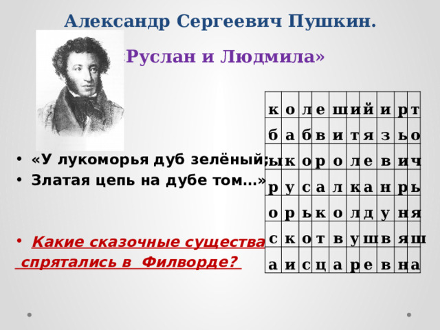 Александр Сергеевич Пушкин.  «Руслан и Людмила»   к б о а ы л р к е б в у о ш о р с р и и с а к т ь й о а о л к и и л я з т к с е о р т в л ь в а ц н у о д а и ш р р у ч ь в е н я я в ш н а «У лукоморья дуб зелёный; Златая цепь на дубе том…»   Какие сказочные существа  спрятались в Филворде? 