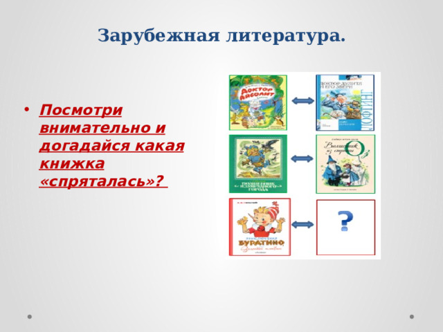 Зарубежная литература. 1) Там кот с улыбкой без кота,   Там, вдруг растешь до потолка, Отгадай литературных героев. Как называется каждая сказка?  Потом кусаешь гриб и в миг,  Кто автор?  Ты в щель замочную проник.  Там чай пьют в пять, и в шесть опять,  А на часах все также пять.  И кто же к ним туда полез?  Алиса.  Кэрролл Л. «Приключения Алисы в стране чудес» 