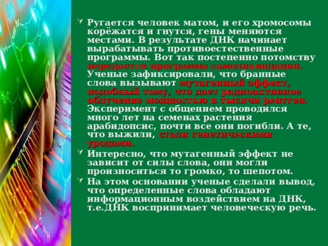 Ругается человек матом, и его хромосомы корёжатся и гнутся, гены меняются местами. В результате ДНК начинает вырабатывать противоестественные программы. Вот так постепенно потомству передается программа самоликвидации. Ученые зафиксировали, что бранные слова вызывают мутагенный эффект, подобный тому, что дает радиоактивное облучение мощностью в тысячи рентген. Эксперимент с общением проводился много лет на семенах растения арабидопсис, почти все они погибли. А те, что выжили, стали генетическими уродами. Интересно, что мутагенный эффект не зависит от силы слова, они могли произноситься то громко, то шепотом. На этом основании ученые сделали вывод, что определенные слова обладают информационным воздействием на ДНК, т.е.ДНК воспринимает человеческую речь.  