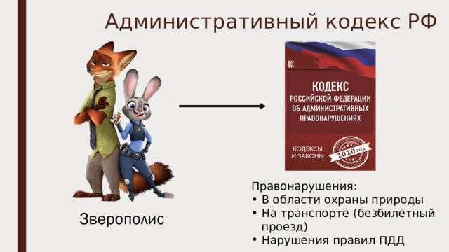 Административный кодекс РФ Правонарушения: В области охраны природы На транспорте (безбилетный проезд) Нарушения правил ПДД 