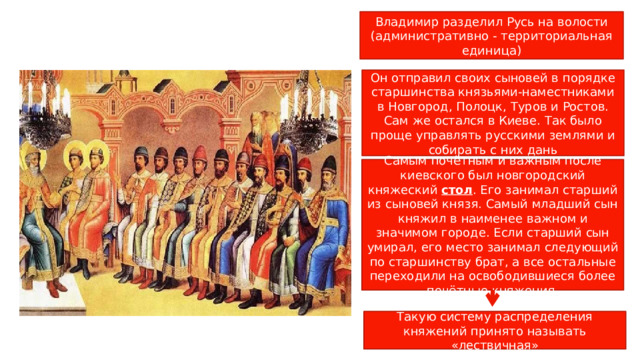 Владимир разделил Русь на волости (административно - территориальная единица) Он отправил своих сыновей в порядке старшинства князьями-наместниками в Новгород, Полоцк, Туров и Ростов. Сам же остался в Киеве. Так было проще управлять русскими землями и собирать с них дань Самым почётным и важным после киевского был новгородский княжеский стол . Его занимал старший из сыновей князя. Самый младший сын княжил в наименее важном и значимом городе. Если старший сын умирал, его место занимал следующий по старшинству брат, а все остальные переходили на освободившиеся более почётные княжения. Такую систему распределения княжений принято называть «лествичная» 