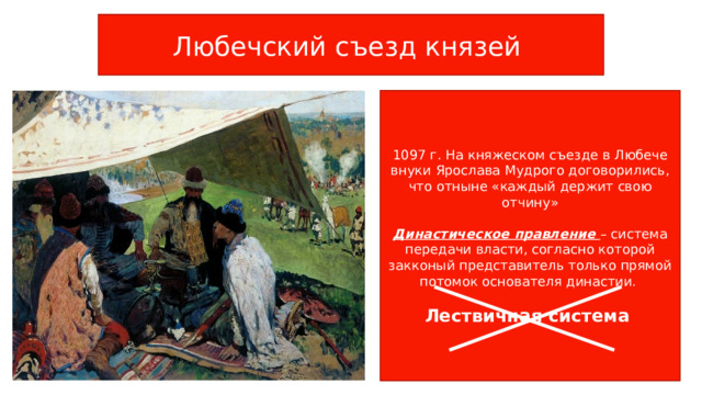 Любечский съезд князей 1097 г. На княжеском съезде в Любече внуки Ярослава Мудрого договорились, что отныне «каждый держит свою отчину» Династическое правление – система передачи власти, согласно которой закконый представитель только прямой потомок основателя династии. Лествичная система 