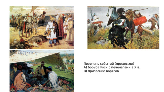 Перечень событий (процессов) А) борьба Руси с печенегами в Х в.  В) призвание варягов  
