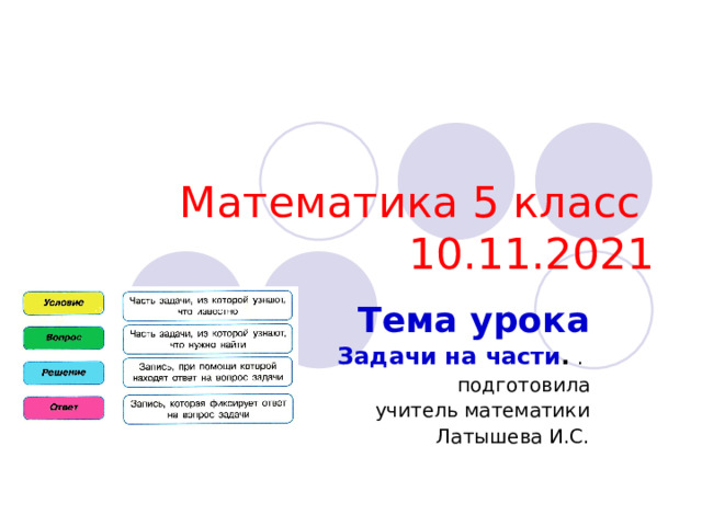 Математика 5 класс  10.11.2021 Тема урока Задачи на части .  . подготовила учитель математики Латышева И.С. 
