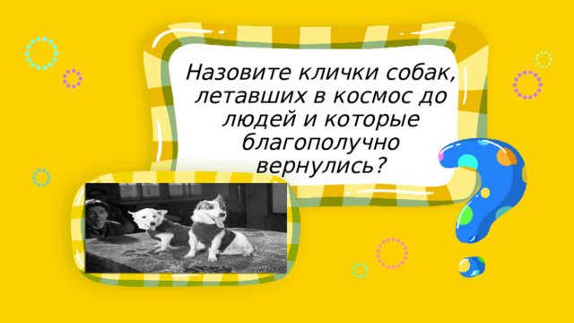 Назовите клички собак, летавших в космос до людей и которые благополучно вернулись? Место для вопроса 