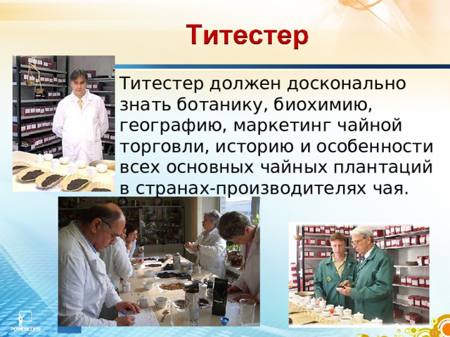 Титестер должен досконально знать ботанику, биохимию, географию, маркетинг чайной торговли, историю и особенности всех основных чайных плантаций в странах-производителях чая. 
