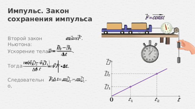 Импульс. Закон сохранения импульса     Второй закон Ньютона:   Ускорение тела:     Тогда       Следовательно,            