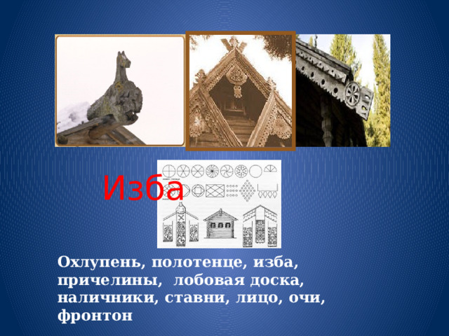 Изба Охлупень, полотенце, изба, причелины, лобовая доска, наличники, ставни, лицо, очи, фронтон 