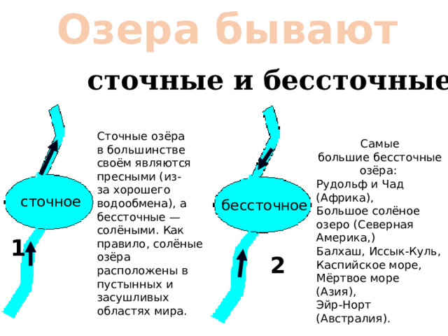 Озера бывают   сточные и бессточные Сточные озёра в большинстве своём являются пресными (из-за хорошего водообмена), а бессточные — солёными. Как правило, солёные озёра расположены в пустынных и засушливых областях мира. Самые большие бессточные озёра:  Рудольф и Чад (Африка), Большое солёное озеро (Северная Америка,)  Балхаш, Иссык-Куль, Каспийское море, Мёртвое море (Азия),  Эйр-Норт (Австралия). сточное бессточное 1 2 