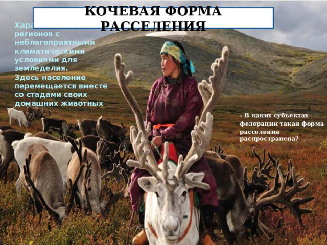 КОЧЕВАЯ ФОРМА РАССЕЛЕНИЯ Характерная для регионов с  неблагоприятными климатическими  условиями для земледелия.  Здесь население перемещается вместе  со стадами своих домашних животных - В каких субъектах федерации такая форма расселения распространена? 