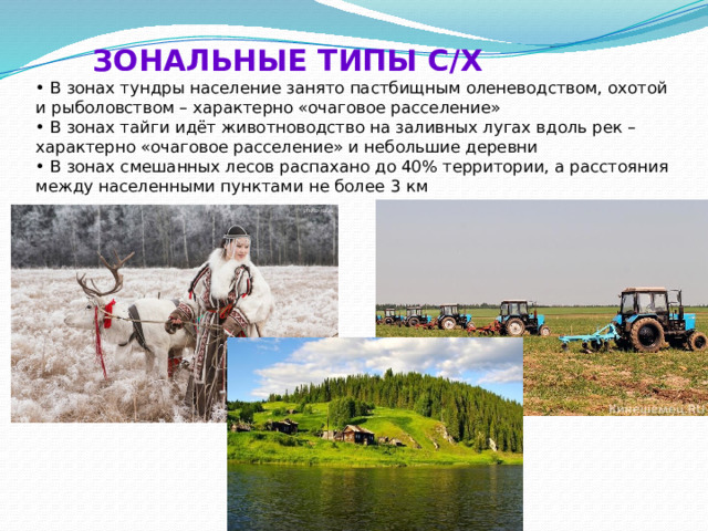  ЗОНАЛЬНЫЕ ТИПЫ С/Х  • В зонах тундры население занято пастбищным оленеводством, охотой  и рыболовством – характерно «очаговое расселение»  • В зонах тайги идёт животноводство на заливных лугах вдоль рек –  характерно «очаговое расселение» и небольшие деревни  • В зонах смешанных лесов распахано до 40% территории, а расстояния  между населенными пунктами не более 3 км   