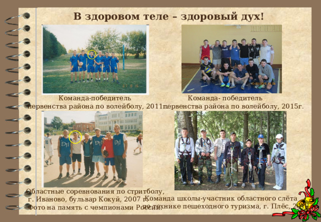 В здоровом теле – здоровый дух!  Команда-победитель первенства района по волейболу, 2011г.  Команда- победитель  первенства района по волейболу, 2015г .  Областные соревнования по стритболу,  г. Иваново, бульвар Кокуй, 2007 г.  Фото на память с чемпионами России.  Команда школы-участник областного слёта  по технике пешеходного туризма, г. Плёс, 2012 г. 