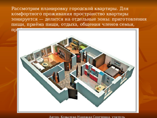Рассмотрим планировку городской квартиры. Для комфортного проживания пространство квартиры зонируется — делится на отдельные зоны: приготовления пищи, приёма пищи, отдыха, общения членов семьи, приёма гостей, сна, санитарно-гигиеническую. Автор: Ковылева Надежда Сергеевна, учитель технологии 
