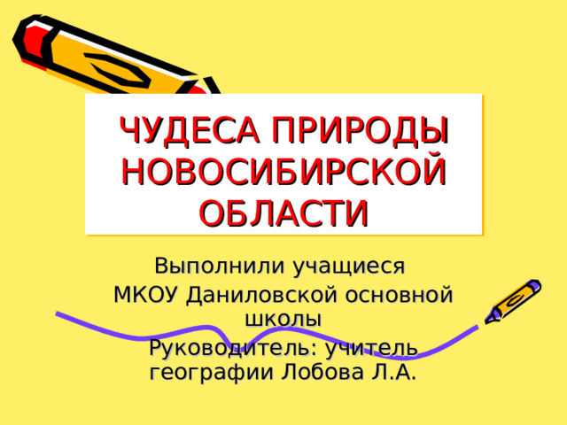 ЧУДЕСА ПРИРОДЫ НОВОСИБИРСКОЙ ОБЛАСТИ Выполнили учащиеся МКОУ Даниловской основной школы Руководитель: учитель географии Лобова Л.А. 