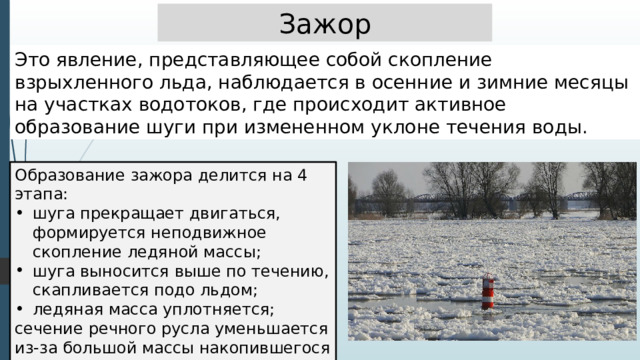 Зажор Это явление, представляющее собой скопление взрыхленного льда, наблюдается в осенние и зимние месяцы на участках водотоков, где происходит активное образование шуги при измененном уклоне течения воды. Образование зажора делится на 4 этапа: шуга прекращает двигаться, формируется неподвижное скопление ледяной массы; шуга выносится выше по течению, скапливается подо льдом; ледяная масса уплотняется; сечение речного русла уменьшается из-за большой массы накопившегося льда. 