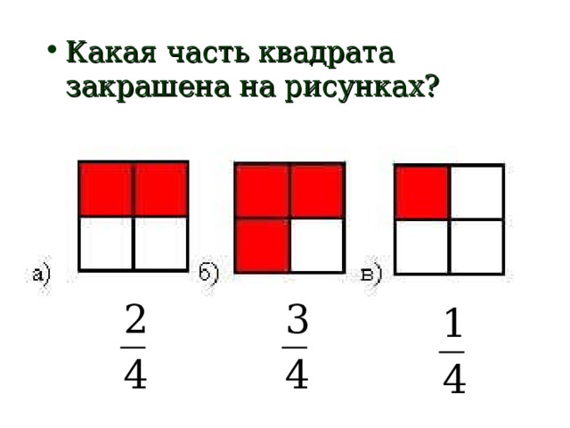 Какая часть квадрата закрашена на рисунках? На предыдущих уроках мы познакомились с обыкновенными дробями.  