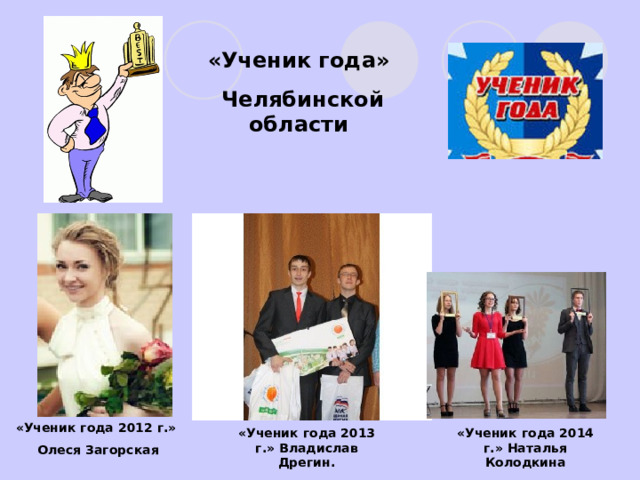 «Ученик года»  Челябинской области «Ученик года 2012 г.»  Олеся Загорская «Ученик года 2013 г.» Владислав Дрегин. «Ученик года 2014 г.» Наталья Колодкина 