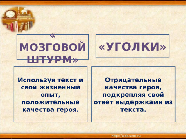 «УГОЛКИ» « МОЗГОВОЙ ШТУРМ» Используя текст и свой жизненный опыт, положительные качества героя. Отрицательные качества героя, подкрепляя свой ответ выдержками из текста. 