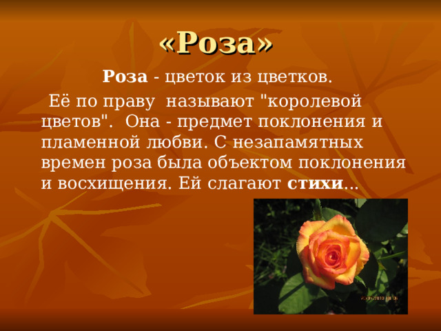«Роза»  Роза  - цветок из цветков.  Её по праву  называют 