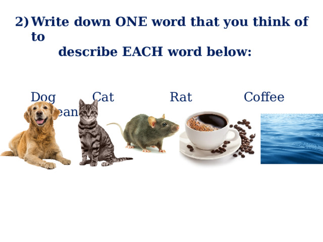 Write down ONE word that you think of to  describe EACH word below:  Dog Cat Rat Coffee Ocean 