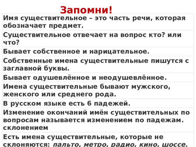 Запомни! Имя существительное – это часть речи, которая обозначает предмет. Существительное отвечает на вопрос кто? или что? Бывает собственное и нарицательное. Собственные имена существительные пишутся с заглавной буквы. Бывает одушевлённое и неодушевлённое. Имена существительные бывают мужского, женского или среднего рода. В русском языке есть 6 падежей. Изменение окончаний имён существительных по вопросам называется изменением по падежам. склонением Есть имена существительные, которые не склоняются:  пальто, метро, радио, кино, шоссе. Существительные в именительном падеже являются в предложении подлежащим. 