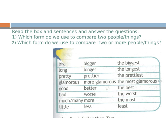  Read the box and sentences and answer the questions:  1) Which form do we use to compare two people/things?  2) Which form do we use to compare two or more people/things?   T: Today we are going: to listen, to read and to speak about warnings to compare different places and things T: So, let’s start. Look at the slide and answer two questions Ученики отвечают на вопросы и ищут примеры в тексте  