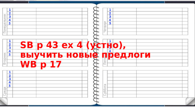  SB p 43 ex 4 (устно),  выучить новые предлоги  WB p 17 