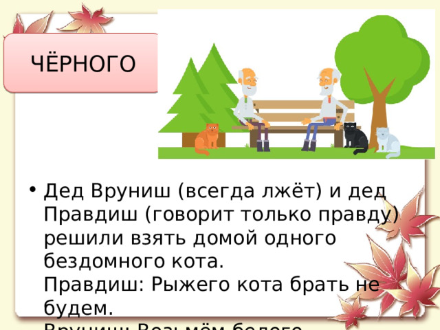 ЧЁРНОГО Дед Вруниш (всегда лжёт) и дед Правдиш (говорит только правду) решили взять домой одного бездомного кота.  Правдиш: Рыжего кота брать не будем.  Вруниш: Возьмём белого.  Какого кота возьмут в дом? 