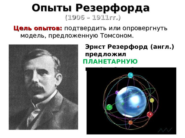 Опыты Резерфорда   (1906 – 1911гг.) Цель опытов:  подтвердить или опровергнуть модель, предложенную Томсоном.  Эрнст Резерфорд (англ.)  предложил  ПЛАНЕТАРНУЮ  модель атома 