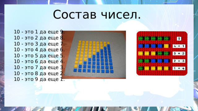 Состав чисел. 10 - это 1 да еще 9. 10 - это 2 да еще 8. 10 - это 3 да еще 7. 10 - это 4 да еще 6. 10 - это 5 да еще 5. 10 - это 6 да еще 4. 10 - это 7 да еще 3. 10 - это 8 да еще 2. 10 - это 9 да еще 1. 