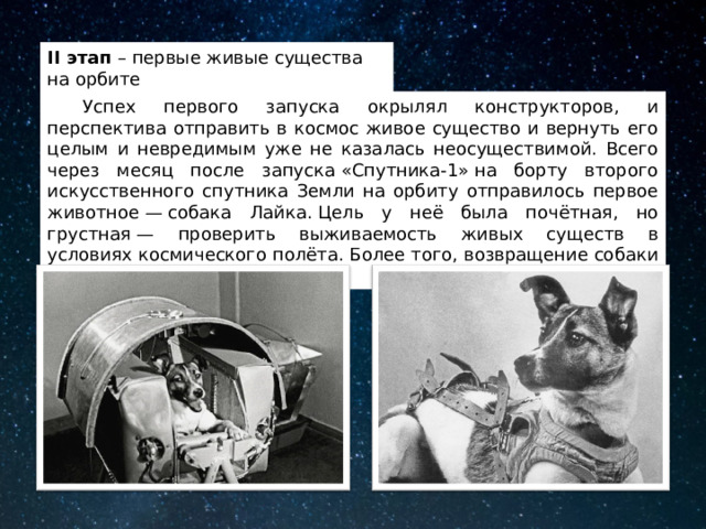 II этап – первые живые существа на орбите  Успех первого запуска окрылял конструкторов, и перспектива отправить в космос живое существо и вернуть его целым и невредимым уже не казалась неосуществимой. Всего через месяц после запуска «Спутника-1» на борту второго искусственного спутника Земли на орбиту отправилось первое животное — собака Лайка. Цель у неё была почётная, но грустная — проверить выживаемость живых существ в условиях космического полёта. Более того, возвращение собаки не планировалось… 