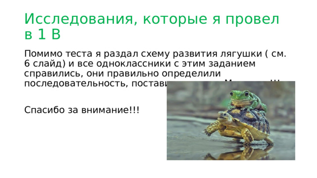 Исследования, которые я провел в 1 В Помимо теста я раздал схему развития лягушки ( см. 6 слайд) и все одноклассники с этим заданием справились, они правильно определили последовательность, поставив стрелки. Молодцы!!! Спасибо за внимание!!! 