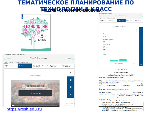 ТЕМАТИЧЕСКОЕ ПЛАНИРОВАНИЕ ПО ТЕХНОЛОГИИ 5 КЛАСС https :// resh.edu.ru 