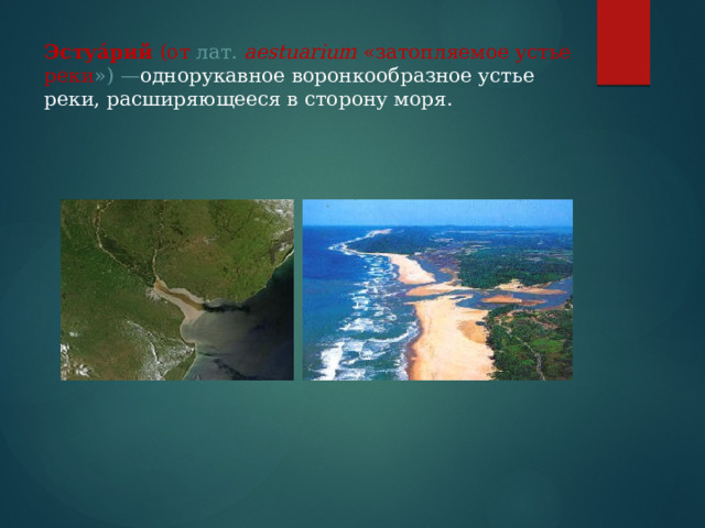 Эстуа́рий (от лат.  aestuarium  «затопляемое устье реки ») — однорукавное воронкообразное устье реки, расширяющееся в сторону моря. 