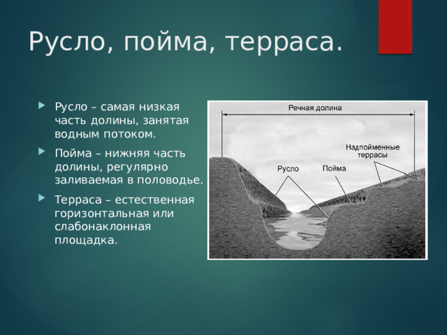 Русло, пойма, терраса. Русло – самая низкая часть долины, занятая водным потоком. Пойма – нижняя часть долины, регулярно заливаемая в половодье. Терраса – естественная горизонтальная или слабонаклонная площадка. 