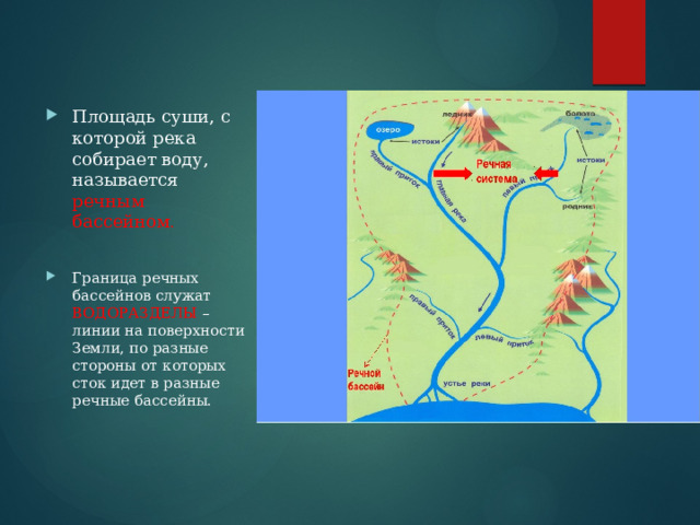 Площадь суши, с которой река собирает воду, называется речным бассейном . Граница речных бассейнов служат ВОДОРАЗДЕЛЫ – линии на поверхности Земли, по разные стороны от которых сток идет в разные речные бассейны. 