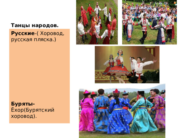 Танцы народов. Русские -( Хоровод, русская пляска.)         Буряты- Ёхор(Бурятский хоровод). 