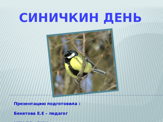 СИНИЧКИН ДЕНЬ  Презентацию подготовила :  Бекетова Е.Е – педагог  МБУ ДО «ДЮЦ»  г.Краснокаменск 2021 г.  