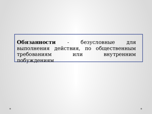 Обязанности - безусловные для выполнения действия, по общественным требованиям или внутренним побуждениям 
