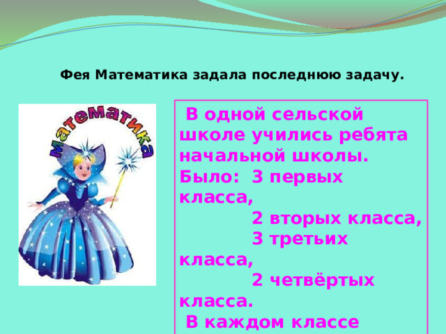 Фея Математика задала последнюю задачу.  В одной сельской школе учились ребята начальной школы. Было: 3 первых класса,  2 вторых класса,  3 третьих класса,  2 четвёртых класса.  В каждом классе учились по 10 учеников. Сколько всего учеников было в начальной школе. 