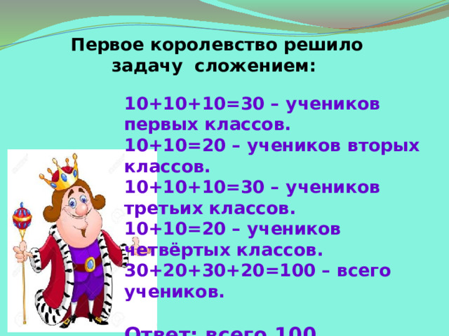 Первое королевство решило задачу сложением: 10+10+10=30 – учеников первых классов. 10+10=20 – учеников вторых классов. 10+10+10=30 – учеников третьих классов. 10+10=20 – учеников четвёртых классов. 30+20+30+20=100 – всего учеников.  Ответ: всего 100 учеников. 