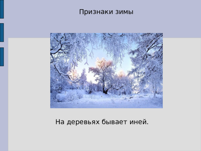 Признаки зимы На деревьях бывает иней. 