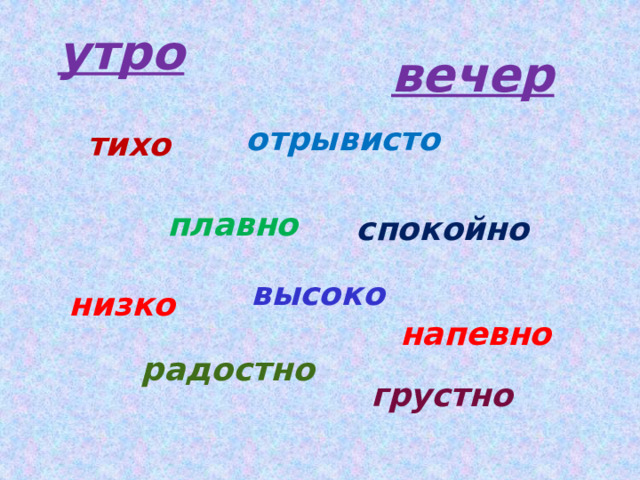 утро вечер отрывисто тихо плавно спокойно высоко низко напевно радостно грустно 